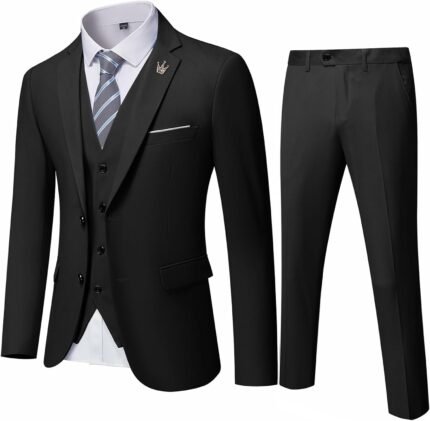 MY’S Men’s 3 Piece Slim Fit Suit Set, 2 Button Blazer Jacket Vest Pants with Tie, Solid Wedding Dress Tux and Trousers