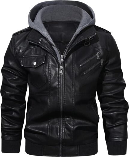 HOOD CREW Men’s Casual Stand Collar PU Faux Leather Zip-Up Motorcycle Bomber Jacket With a Removable Hood