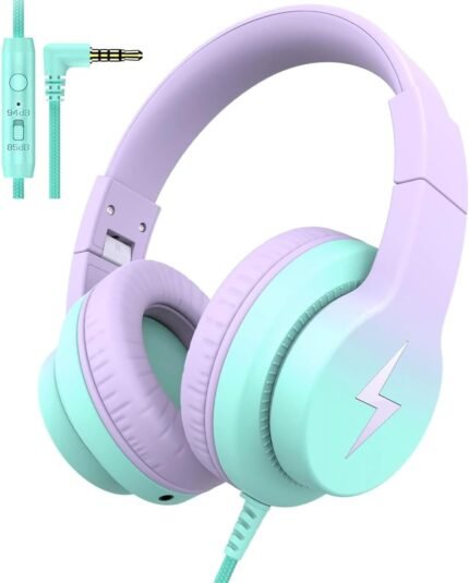 Kids Headphones, Wired Headphones for Kids Over Ear with Microphone, 85/94dB Volume Limiter Headphones for Girls Boys, Foldable Headphones for Learning & Entertainment,Gradient Purple