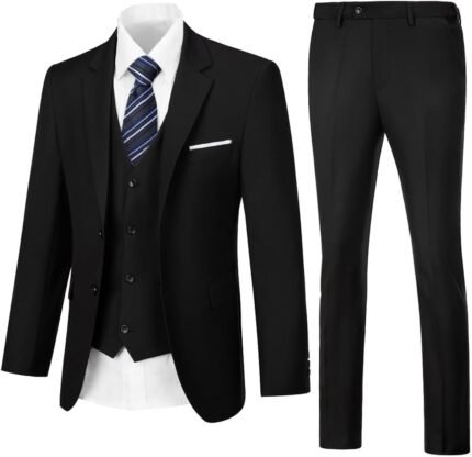 Mens 3 Piece Slim Fit Suit Set, 2 Button Solid Blazer Jacket Vest Pants Business Tuxedo