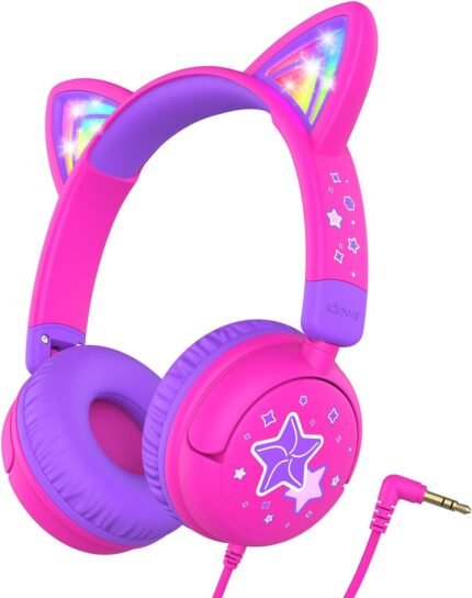 iClever Kids Headphones Cat Ear, LED Light Up, 85dBA Safe Volume, Stereo Sound Toddler Headphones for Travel School, Foldable 3.5mm Wired Kids Headphones for iPad Tablets, Meow Lollipop-Hot Pink