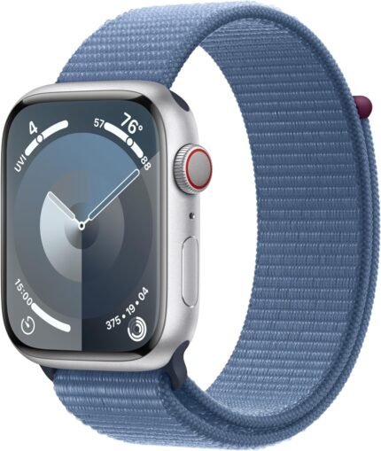 Apple Watch Series 9 [GPS + Cellular 45mm] Smartwatch with Silver Aluminum Case with Winter Blue Sport Loop. Fitness Tracker, Blood Oxygen & ECG Apps, Always-On Retina Display, Carbon Neutral