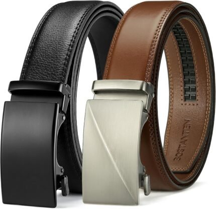 BOSTANTEN Mens Belt Leather 2 Pack Ratchet Belt For Men Dress and Casual with Adjustable Buckle, Trim to Fit