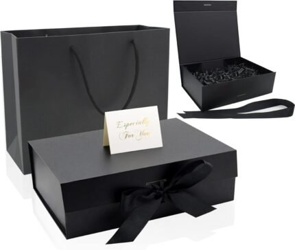 CIOUYAOS Black Gift Box with Lids, Large Ribbon Luxury Magnetic Packaging Box with Paper Bags, 2 Greeting Card and Shredded Paper Filler for Christmas Wedding Men Women Birthday Presents