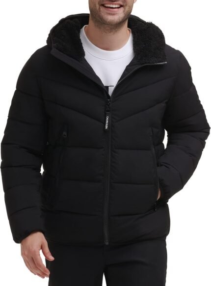 Calvin Klein Men’s Winter Coat-Puffer Stretch Jacket with Sherpa Hood