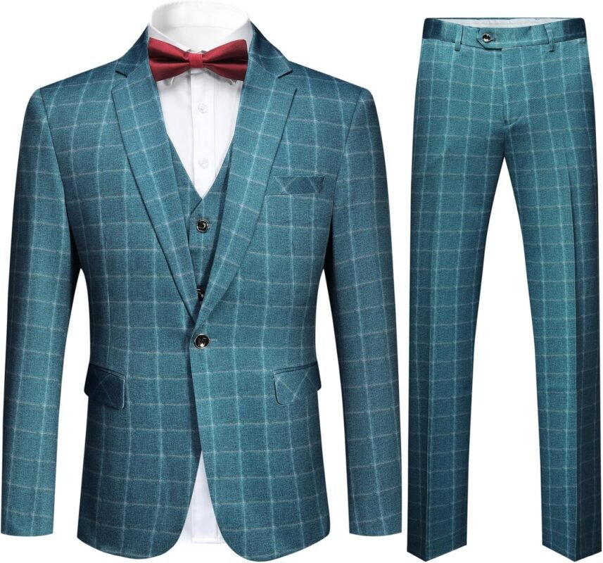 Cloudstyle Mens 3-Piece Plaid Suit Set Modern Fit Jacket Tux Blazer Vest Pants