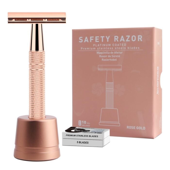 Double Edge Safety Razor with Stand, Reusable Metal Single Blade Razors for Men and Women, with 10 Platinum Coated Double Edge Safety Razor Blades, Women’s Safety Shaving Razors, Rose Gold