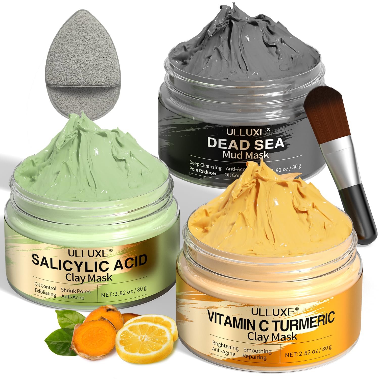 Facial Mask Set - Vitamin C Turmeric Clay Mask, Dead Sea Mud and Salicylic Acid Mask for Pores Cleansing, Blackheads, Reduce Dark Spots, and Brightening, Face Masks Skincare Gift Set, 2.82 oz each