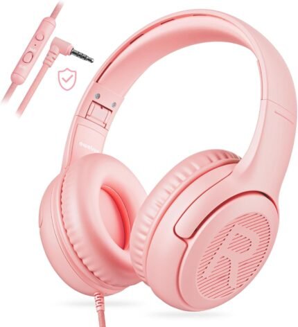 Kids Headphones with Microphone Foldable Stereo Tangle-Free 3.5mm Jack Wired Cord On-Ear Headset for Children/Teens/Boys/Girls/Smartphones/School/Kindle/Airplane Travel/Plane/Tablet (Pink)