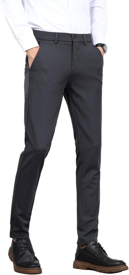 Plaid&Plain Men’s 4-Way Flex Stretch Slim Fit Dress Pants