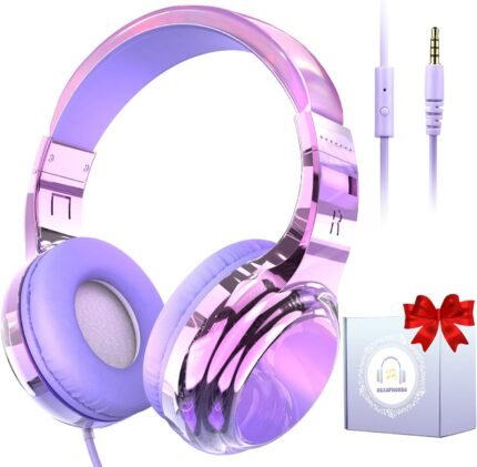 QearFun Headphones for Girls Kids for School,Cool Wired Headphones with Microphone&3.5mm Jack,Teens Noise Cancelling Headphone with Adjustable Headband for Tablet/Smartphones-Gradient Light Purple