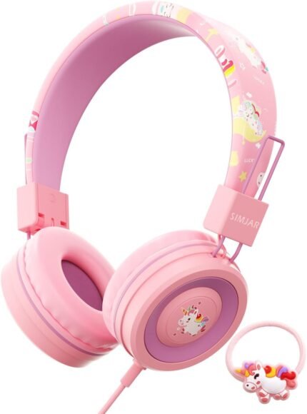 SIMJAR Unicorn Headphones with Microphone for School, Unicorn Rubber Band Included, Volume Limiter 85/94dB, Wired Foldable Girls Headphones for Online Learning/Travel/Tablet/iPad (Pink)