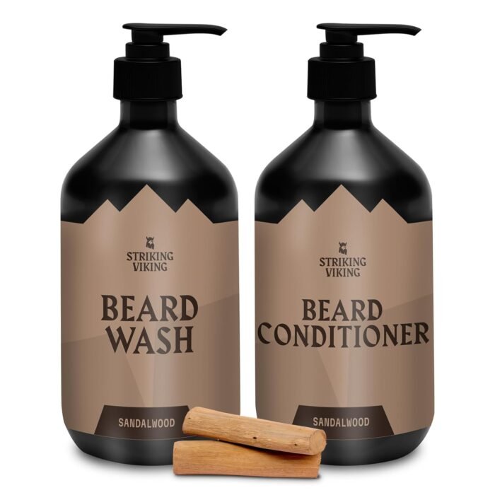 Striking Viking Beard Care Set (Sandalwood) – Paraben & Sulfate Free Shampoo with Jojoba Oil – Deep Clean for All Beard Types (10oz Per Bottle)