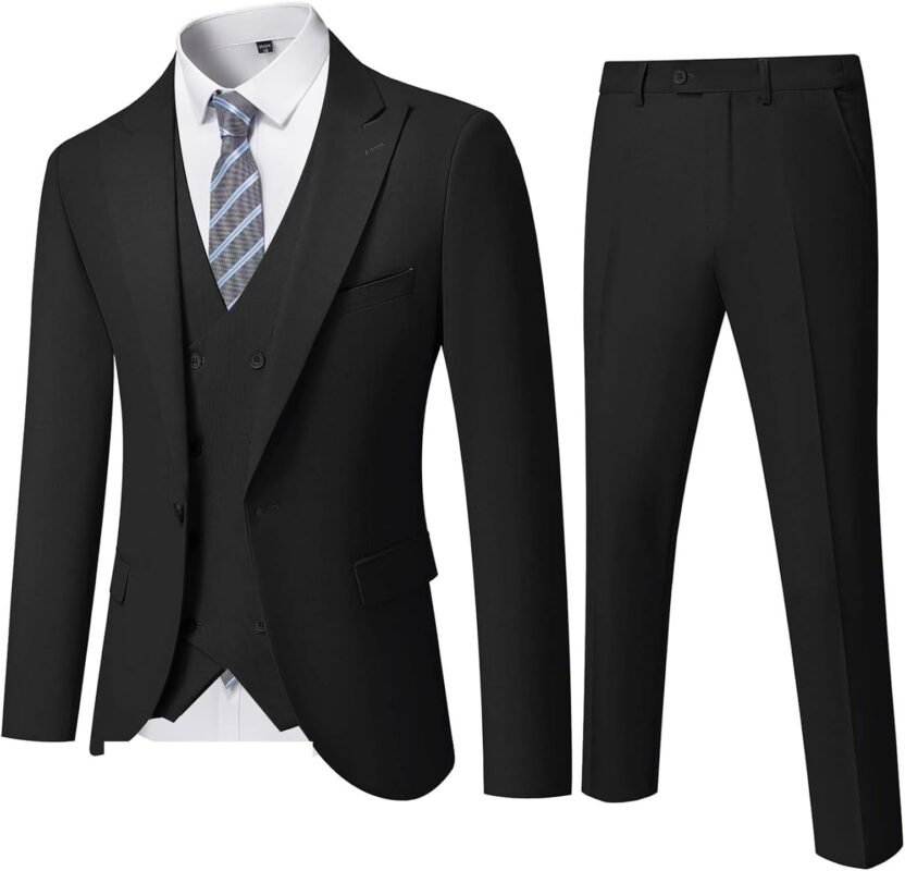 YND Men's 3 Piece Slim Fit Suit Set, One Button Peak Lapel Solid Business Blazer Jacket, Double Breasted Vest Pants and Tie