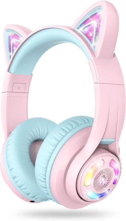 iClever Cat Ear Kids Bluetooth Headphones, LED Lights Up, 74/85/94dB Volume Limited, 50H Playtime,Bluetooth 5.2, USB C, Kids Headphones Wireless for Travel iPad Tablet, Meow Macaron (Pink)